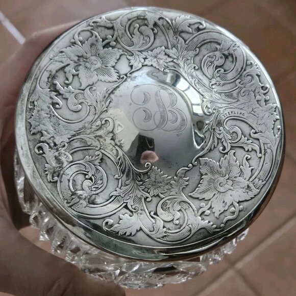 ESTATE GORHAM STERLING SILVER CUT CRYSTAL FLORAL LEAF VANITY POWDER JAR CANISTER - Picture 1 of 16